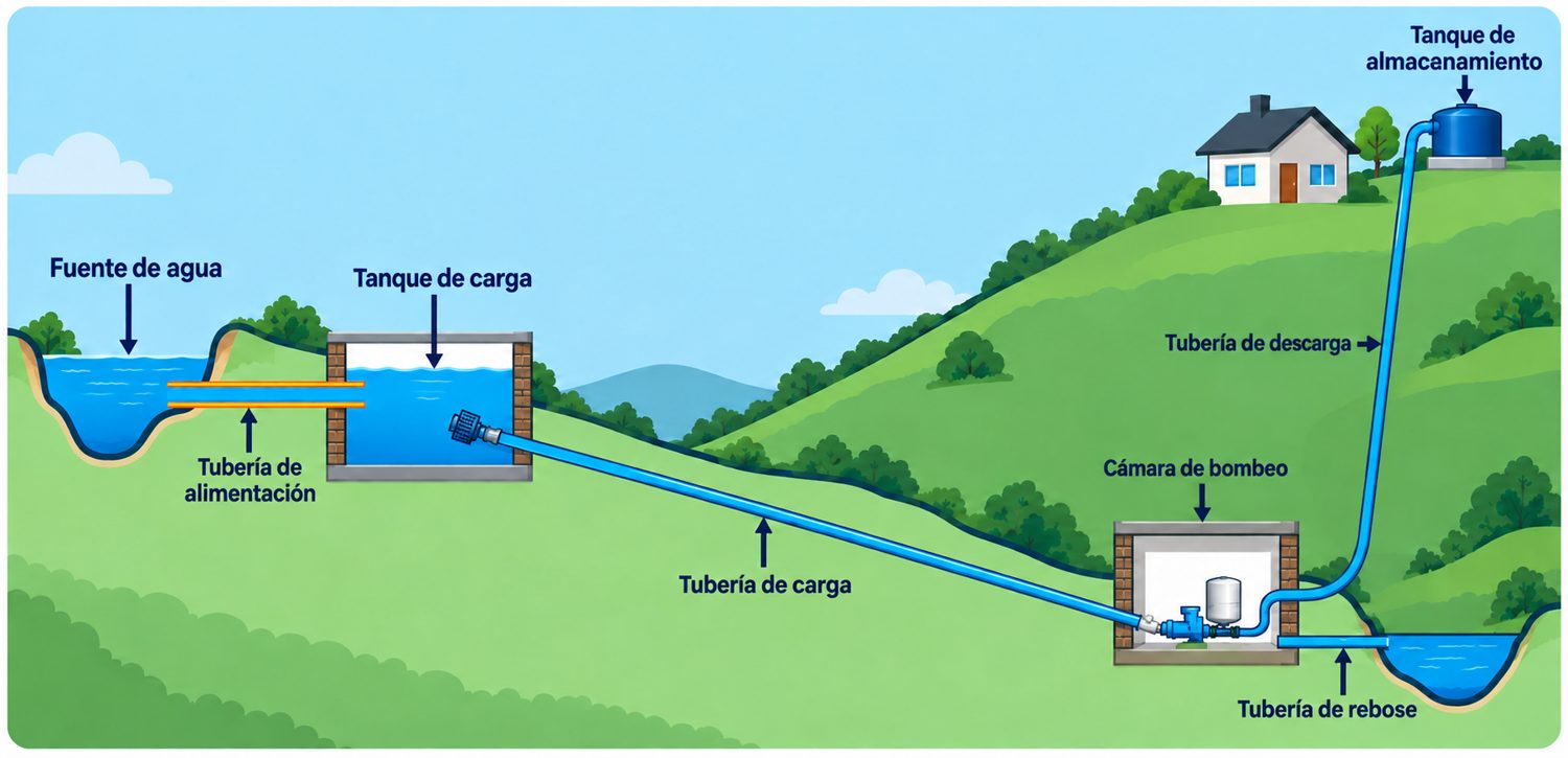 Diagrama de funcionamiento: fuente de agua, tanque de carga, cámara de bombeo y tanque de almacenamiento